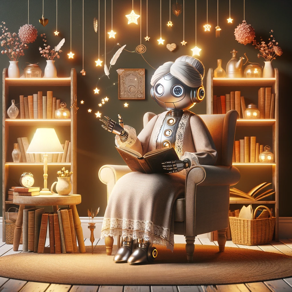 Whimsical picture of a grandmotherlike AI telling stories.